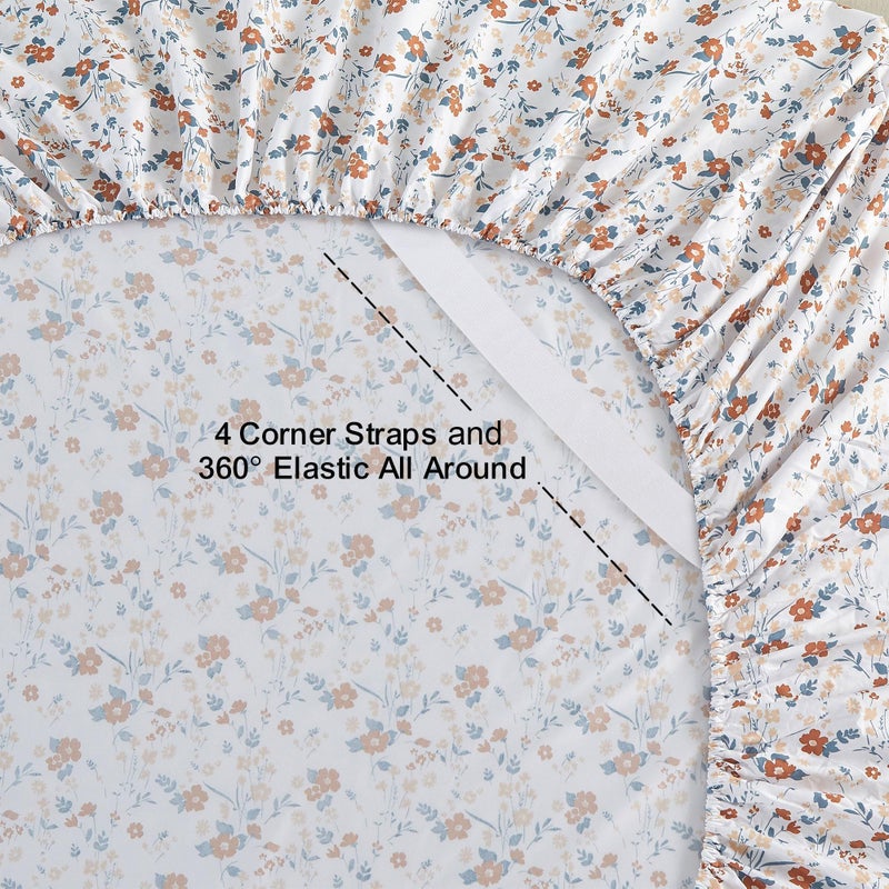 Softan Floral Queen Sheet Set Orange Flower Printed Bed Sheets - 4 Piece Soft Microfiber Patterned Fitted Sheets with 15" Deep Pocket and Corner Straps, Cute Spring Sheets & Pillowcase Set - Image 2